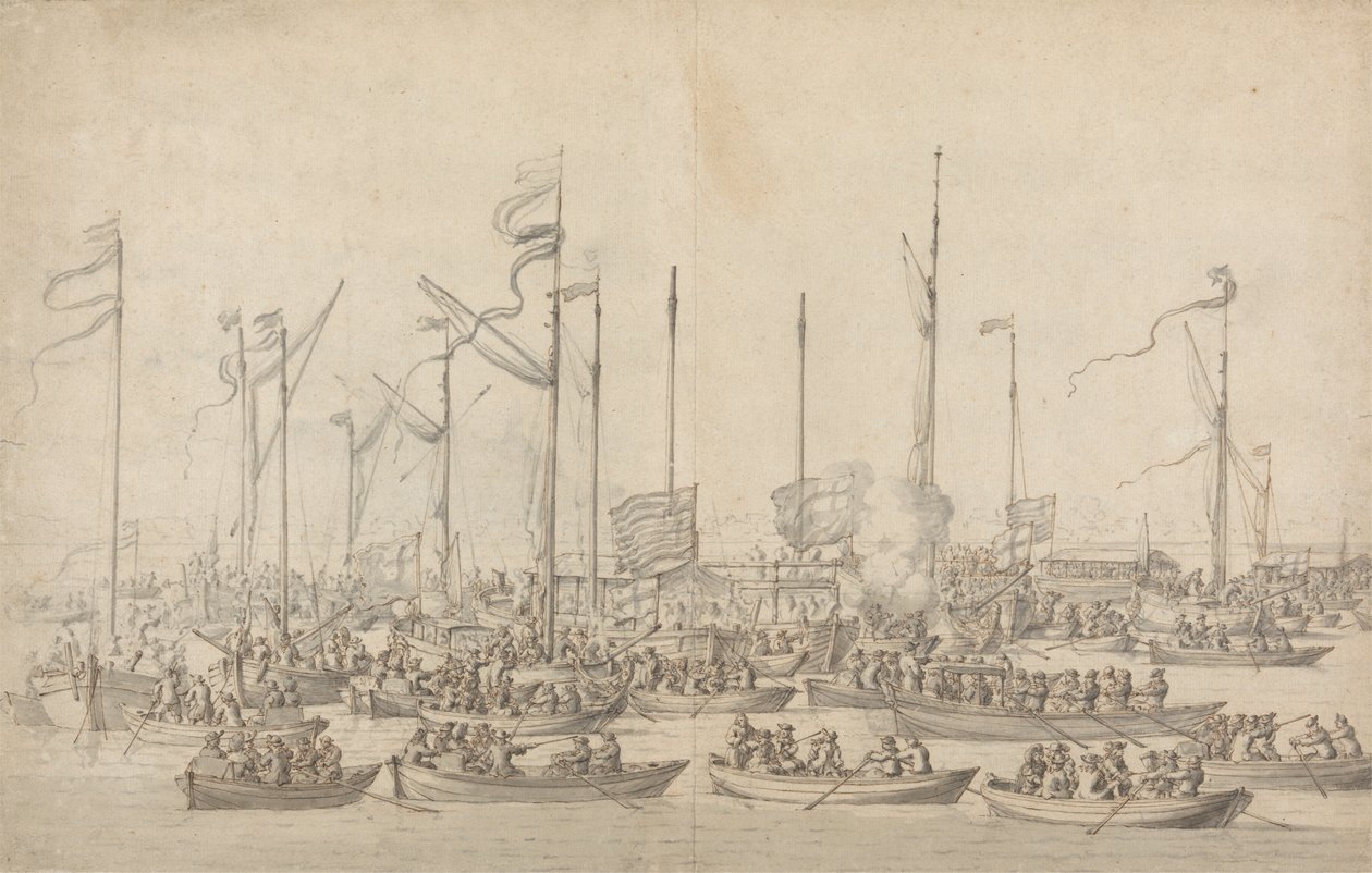 Juhla Thamesilla lähellä Whitehallia tekijältä Willem van de Velde the Elder