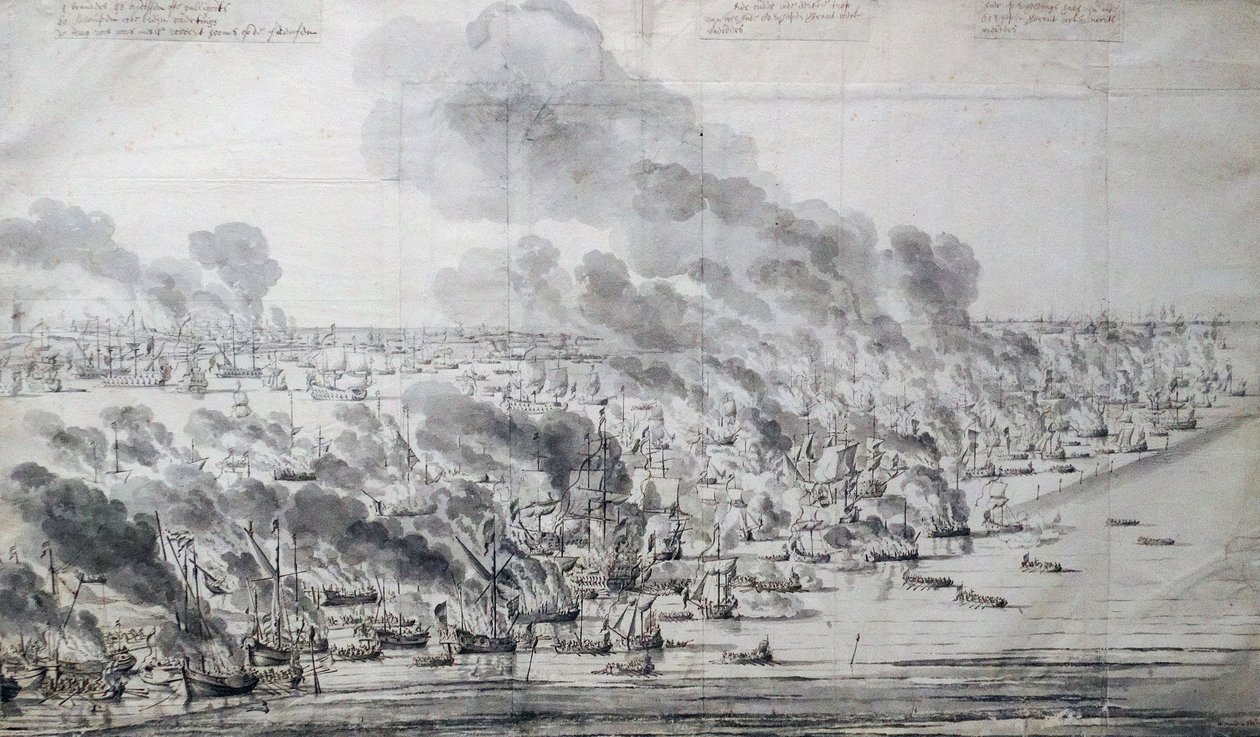Robert Holmes sytyttää Hollannin laivaston tuleen Terschellingissä... tekijältä Willem van de Velde the Elder