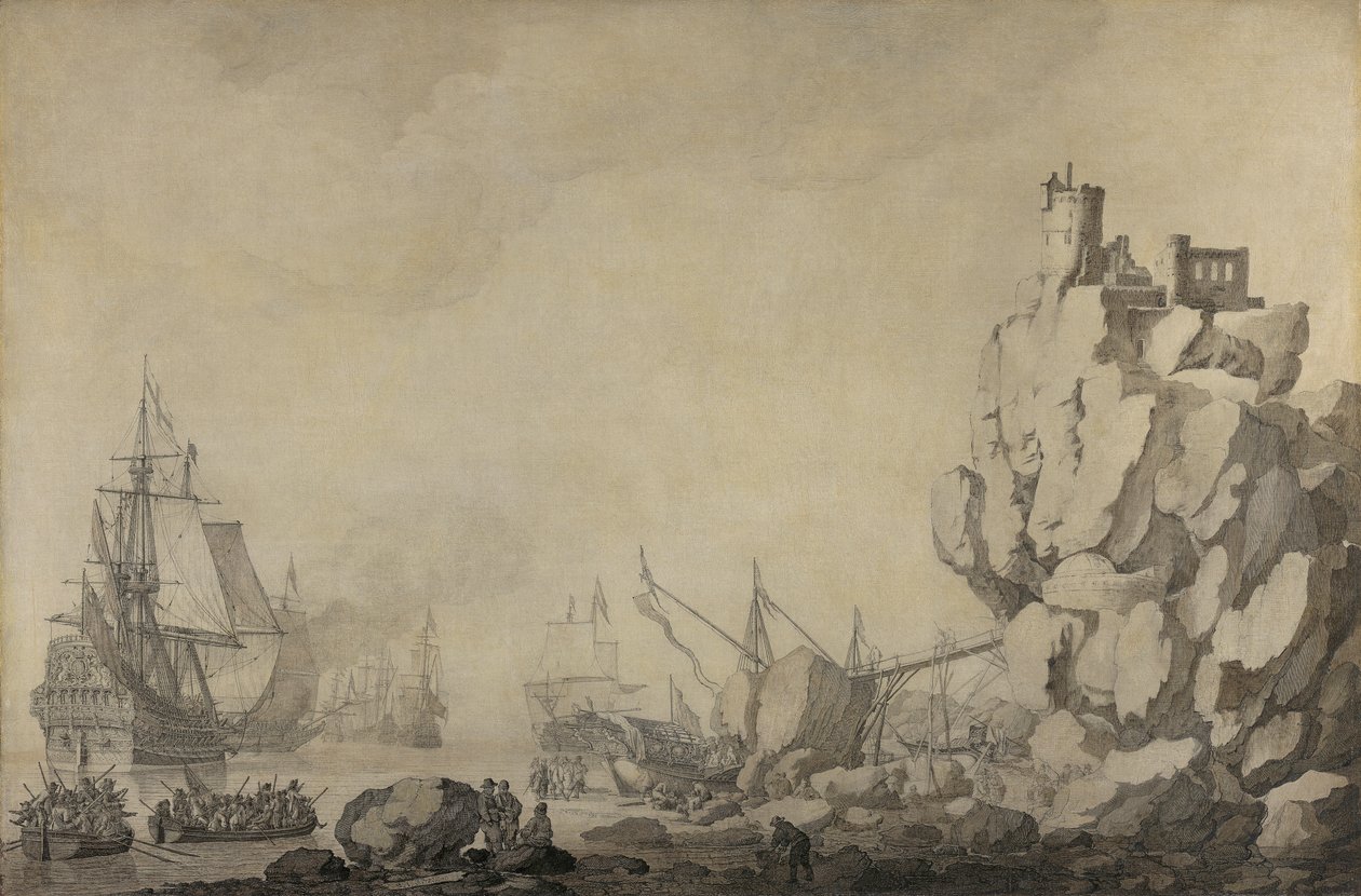 Laivoja ja miliisit kivirannalla tekijältä Willem van de Velde the Elder