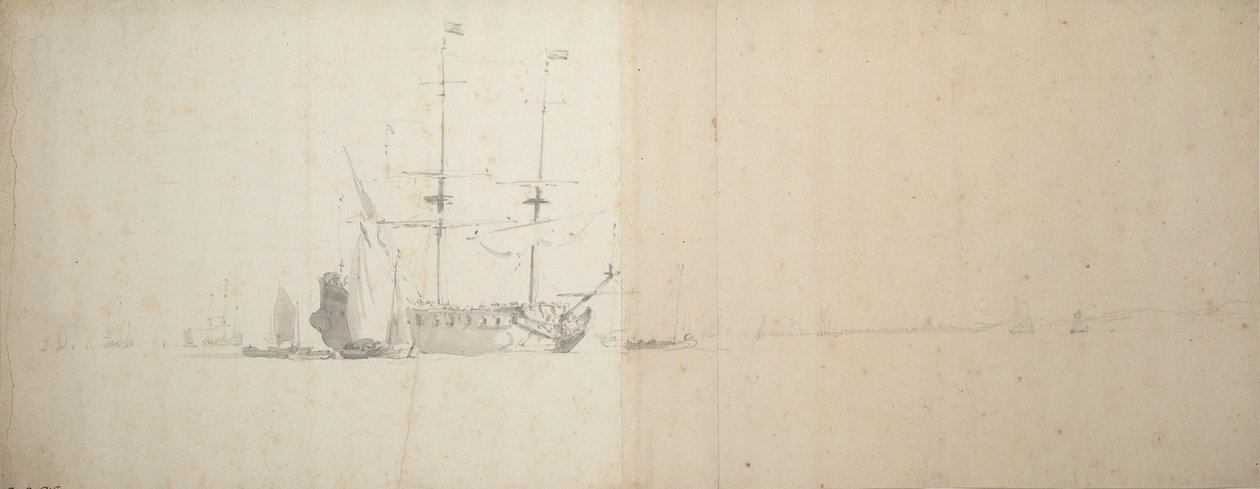 Hollantilainen laiva ankkurissa rannikon edustalla, noin 1666 (grafiitti) tekijältä Willem van de Velde the Younger