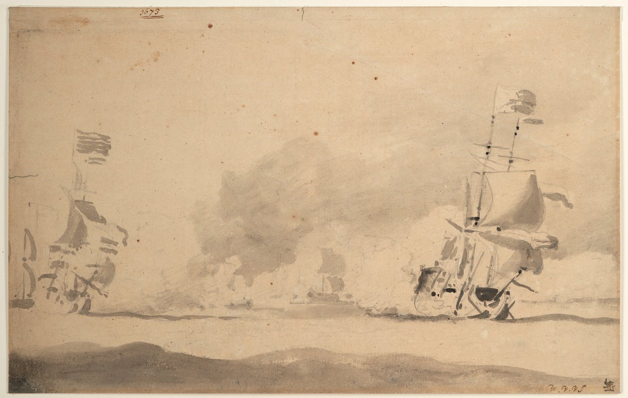 Hollantilainen alus jahtaa englantilaista alusta. tekijältä Willem van de Velde the Younger
