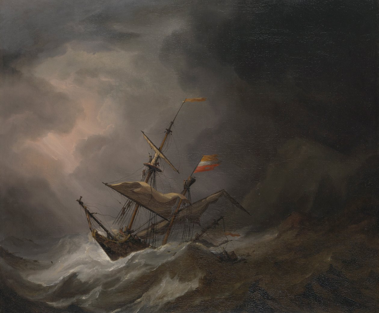Myrskyssä kalliorannikolle ajelehtiva Välimeren prikaati, noin 1700 (öljy kankaalle). tekijältä Willem van de Velde the Younger
