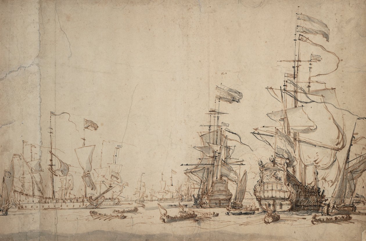 Alankomaiden laivaston sotaneuvosto Toukokuu 1665, noin 1674 (kynä, ruskea muste, harmaa tussi). tekijältä Willem van de Velde the Younger