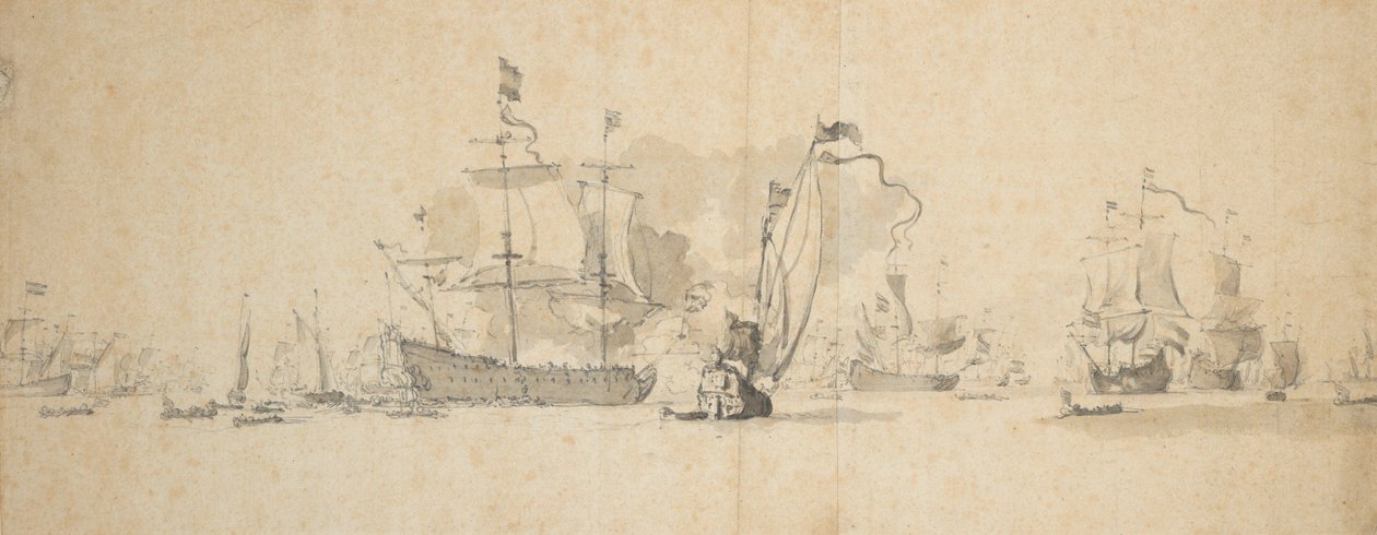 Alankomaiden laivaston sotaneuvosto, toukokuu 1665, noin 1665 (grafiitti, harmaa tussi). tekijältä Willem van de Velde the Younger