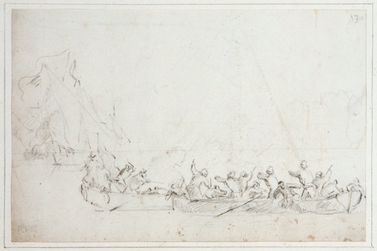 Hollantilaisten tai englantilaisten ja barbaarimerirosvojen välinen venetaistelu, n. 1675 (liitu). tekijältä Willem van de Velde the Younger