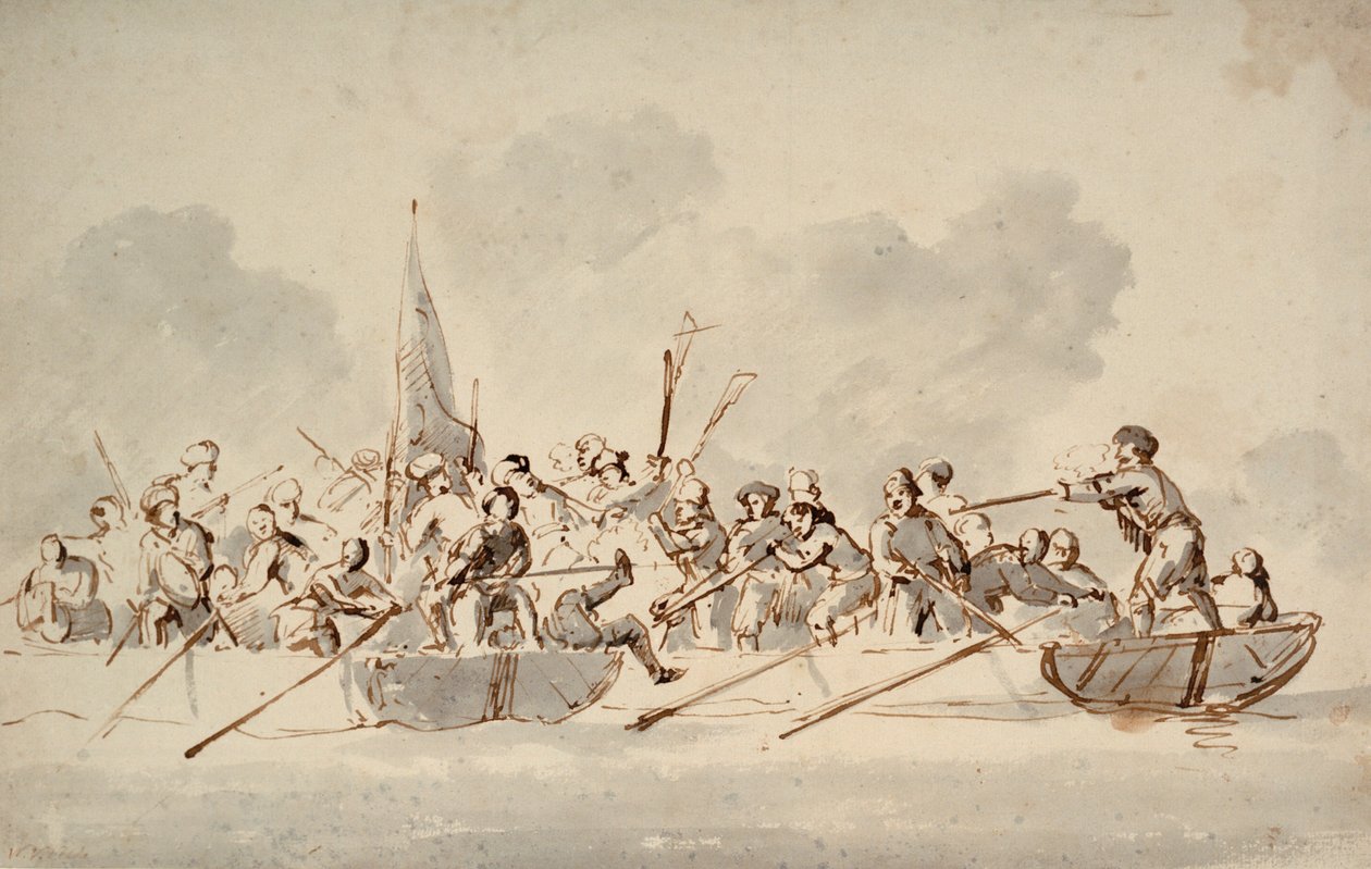 Taistelu veneissä barbaarimerirosvojen kanssa, noin 1685 (piirustus). tekijältä Willem van de Velde the Younger