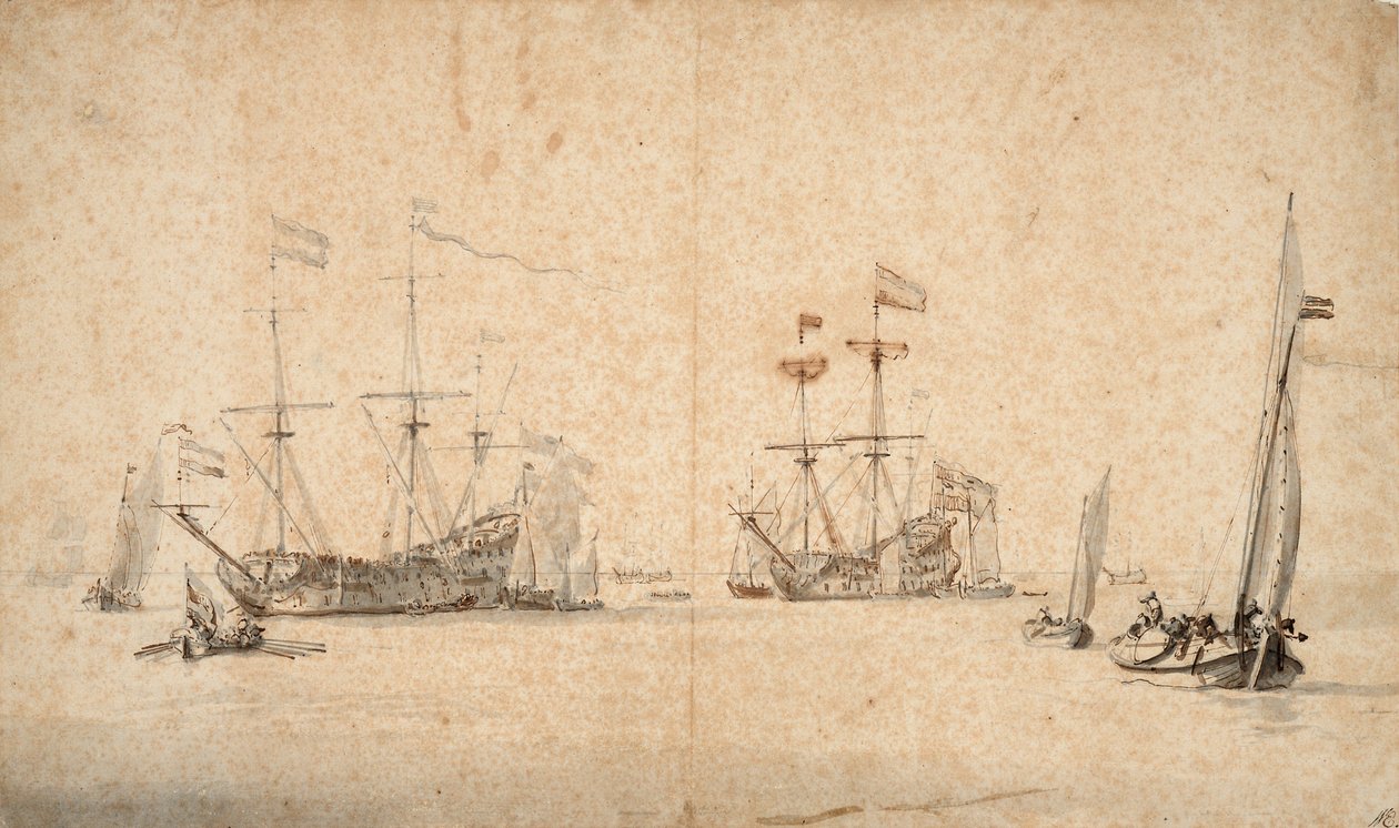 Vapaana juokseva kaagi ja kaksi hollantilaista lippulaivaa ankkurissa, noin 1665 (kynä, ruskea muste, harmaa tussi). tekijältä Willem van de Velde the Younger