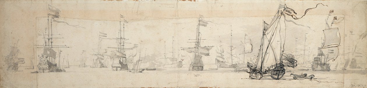 Valtion jahti purjeissa ja laivoja ankkurissa, n.1665 (grafiitti, harmaa pesu) tekijältä Willem van de Velde the Younger