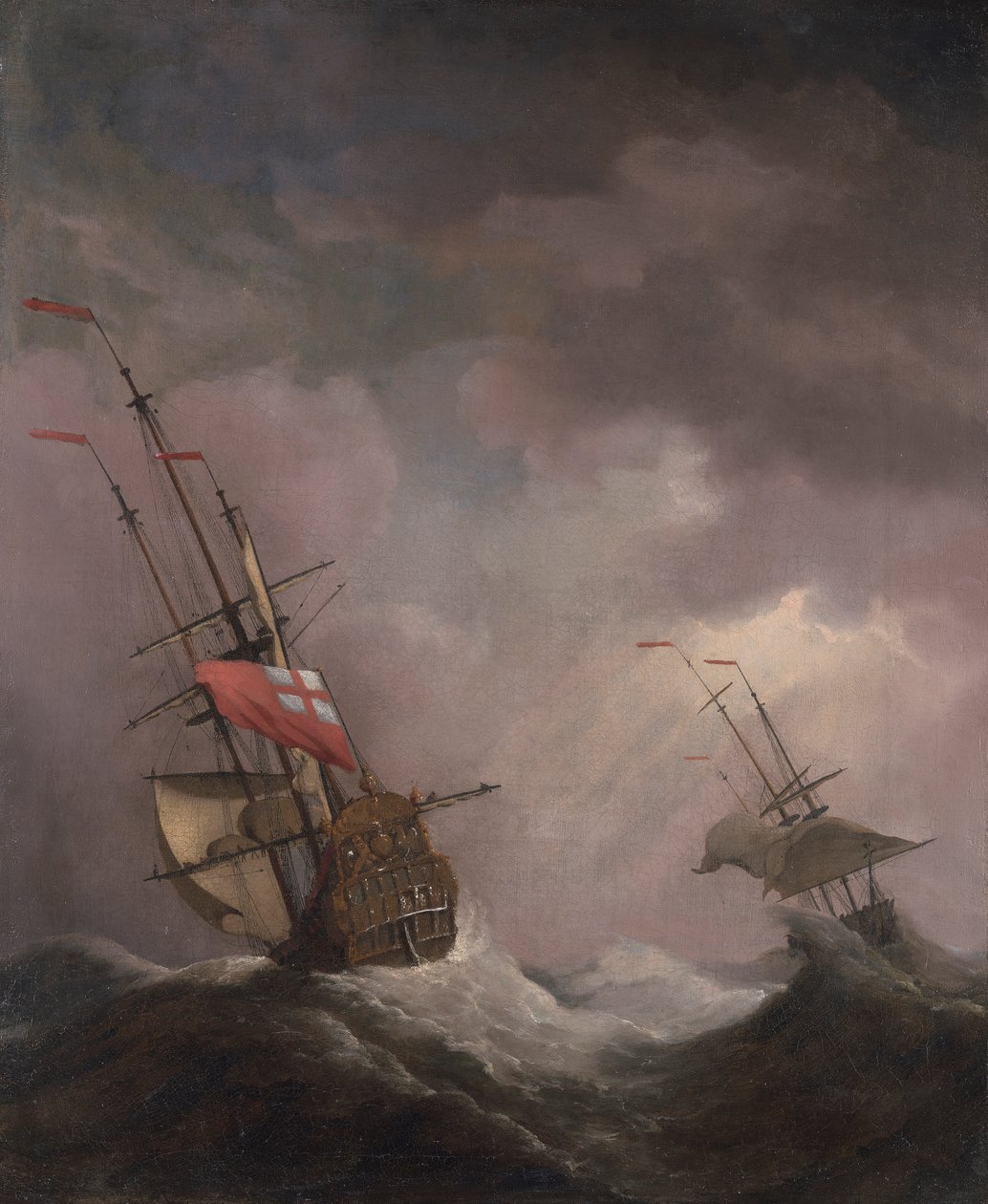 Englantilainen laiva merellä juoksemassa myrskyssä tekijältä Willem van de Velde the Younger