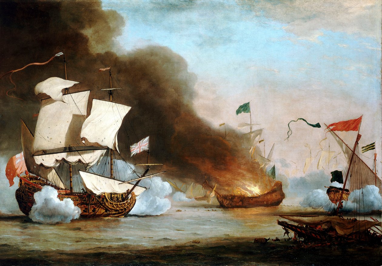 Englantilainen alus Barbaarien korsaarien kanssa, noin 1680, noin 1685 (öljy kankaalle). tekijältä Willem van de Velde the Younger