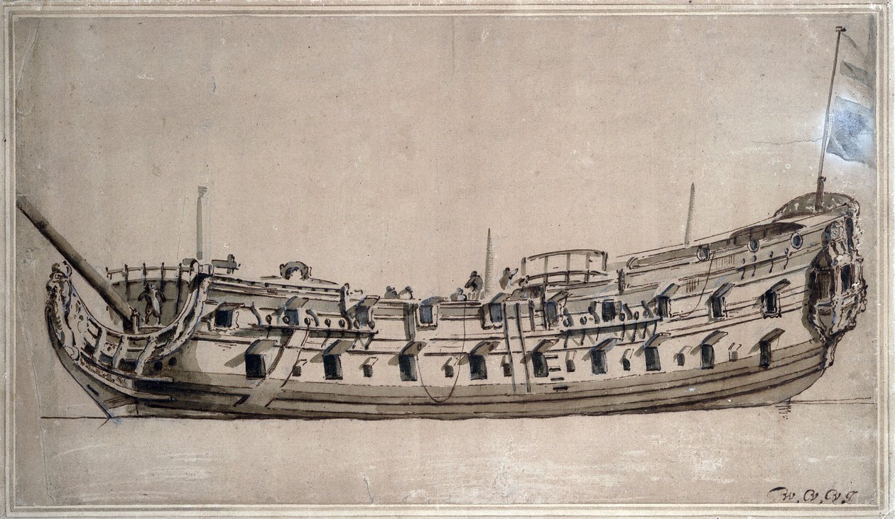 Brittiläinen neljännen luokan alus, jossa oli 42 tykkiä, rakennettu noin vuonna 1675. Willem van de Velde nuoremman (1633-1707) tussipiirros. tekijältä Willem van de Velde the Younger