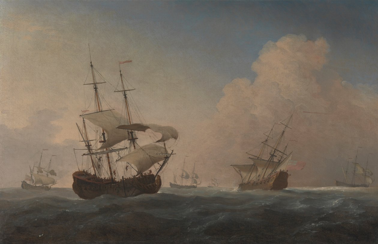 Englannin sota-alukset kallistumassa Breeze Offshoressa tekijältä Willem van de Velde the Younger