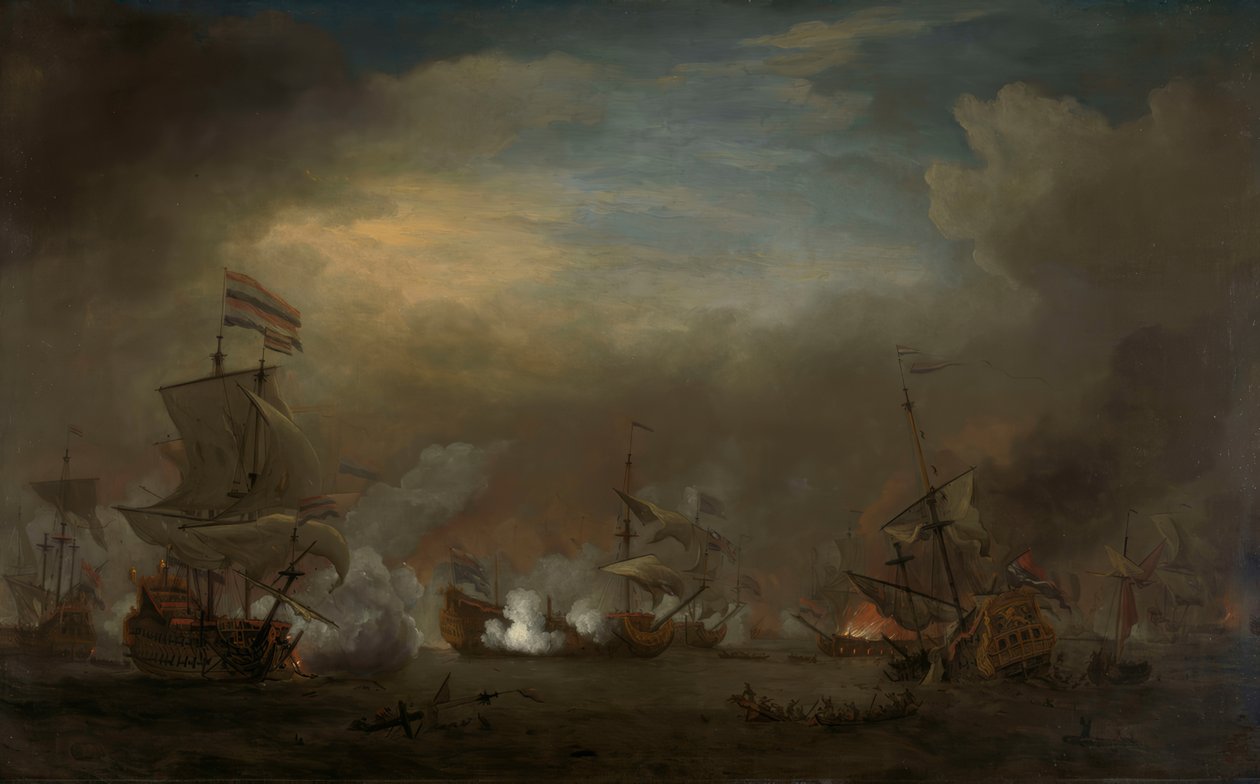Yömeritaistelu Cornelis Trompin Gouden Leeuwilla ja Sir Edward Spraggen välillä Royal Princessä tekijältä Willem van de Velde the Younger