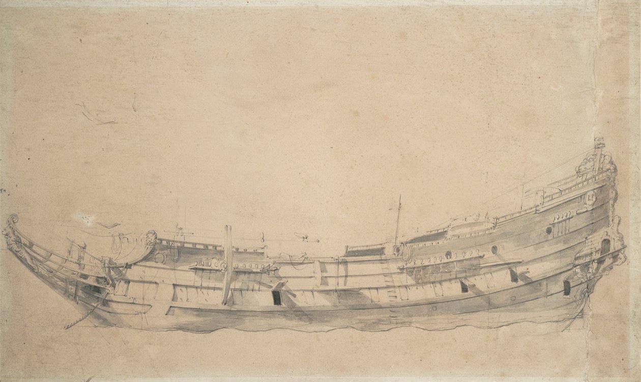 Muotokuva hollantilaisesta fregatista, n.1655 (grafiitti, harmaa tussi) tekijältä Willem van de Velde the Younger
