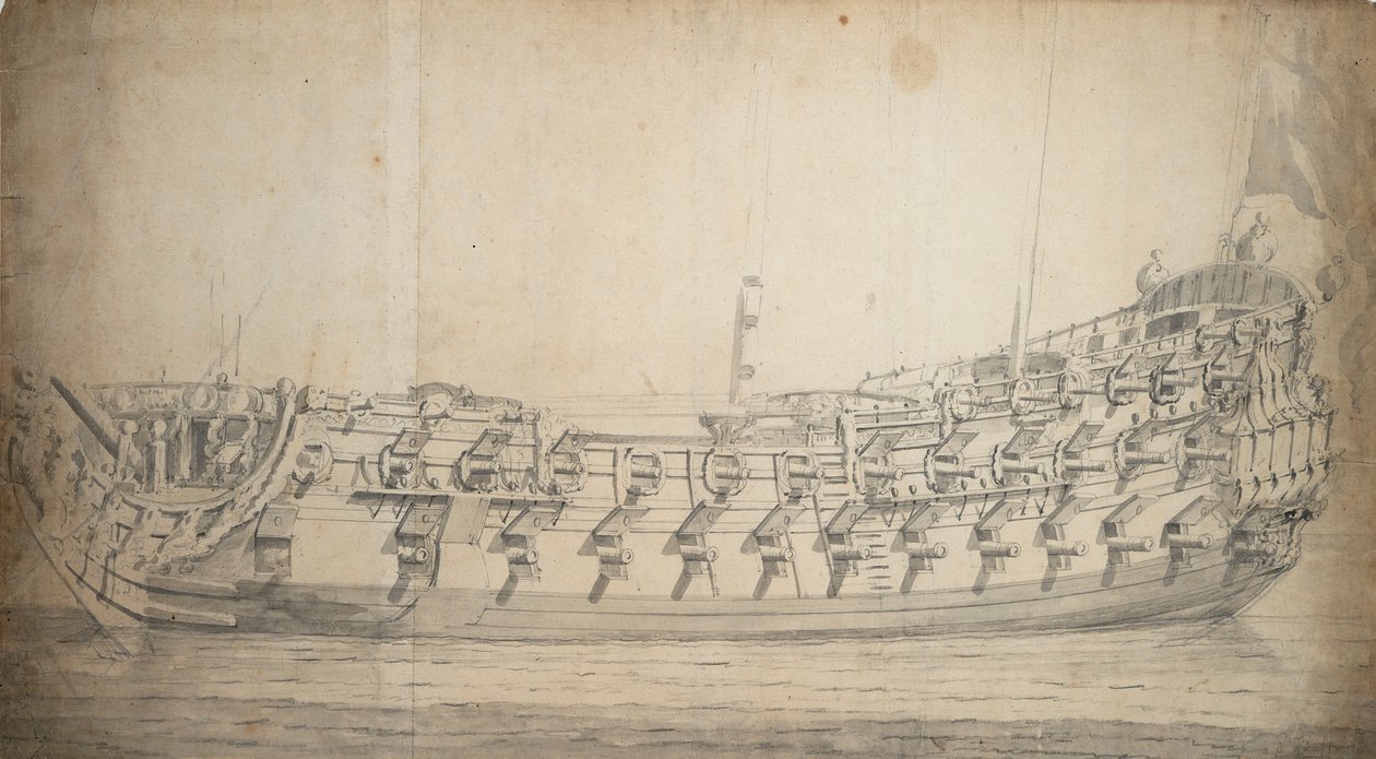 Muotokuva vuonna 1679 rakennetusta ja vuonna 1700 uudelleen rakennetusta kolmannen luokan Grafton-aluksesta, noin 1680 (grafiitti, harmaa pesu). tekijältä Willem van de Velde the Younger