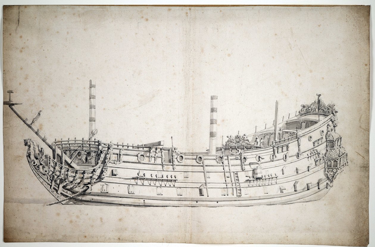Muotokuva laivasta "Triumph" (tai "Saint George"), 70 tykkiä, rakennettu vuonna 1623, päähenkilö esittää Neptunusta ja kaksi merihevosta, kolme kokonaista kantta. tekijältä Willem van de Velde the Younger