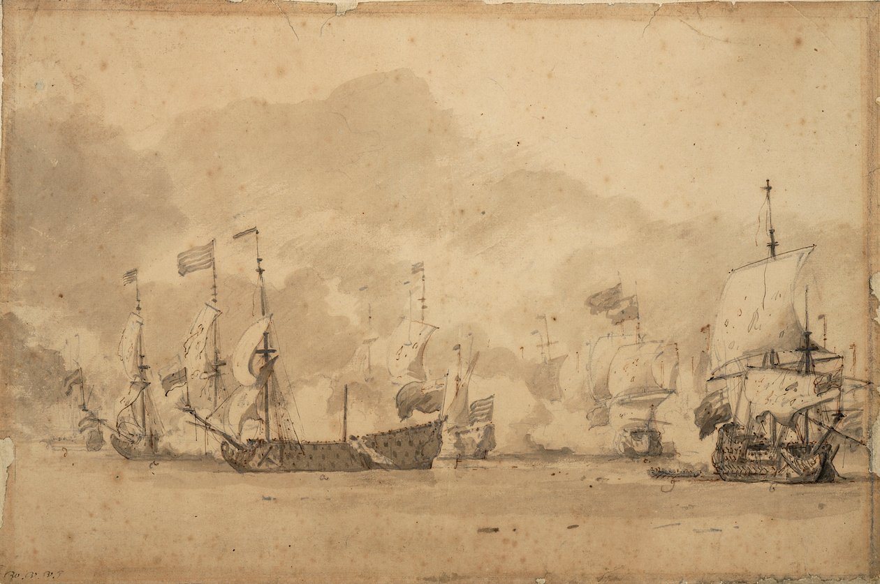 Texelin taistelu (Kijkduijn) 11.-21.8.1673, noin 1673 (grafiitti, harmaa tussi) tekijältä Willem van de Velde the Younger