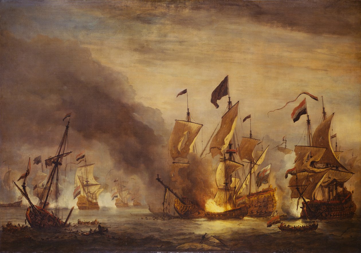 HMS "Royal Jamesin" polttaminen Solebayn taistelussa 28. toukokuuta 1672, 1600-luvun loppupuoli (öljy kankaalle). tekijältä Willem van de Velde the Younger