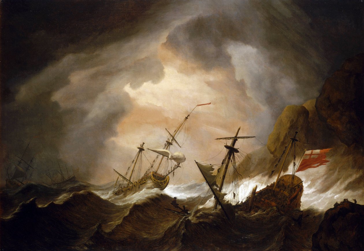 Kaksi brittiläistä laivaa haaksirikkoutuu myrskyssä lähellä kalliorannikkoa. Öljyä kankaalle, noin 1700, tekijä Willem van de Velde (1633-1707). tekijältä Willem van de Velde the Younger