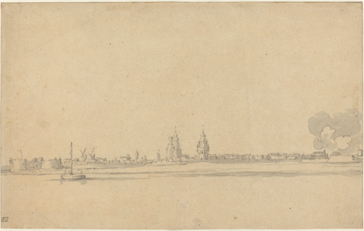 Näkymä hollantilaiseen kaupunkiin (Delft?) tekijältä Willem van de Velde the Younger