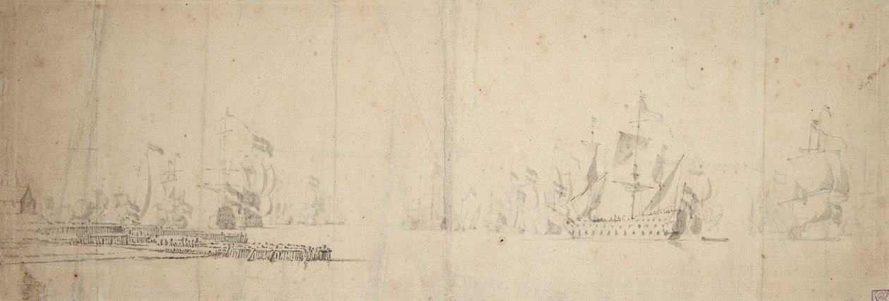 Hollannin laivasto lähdössä liikkeelle laiturilta, n.1665 (grafiitti, harmaa pesu). tekijältä Willem van de the Elder Velde