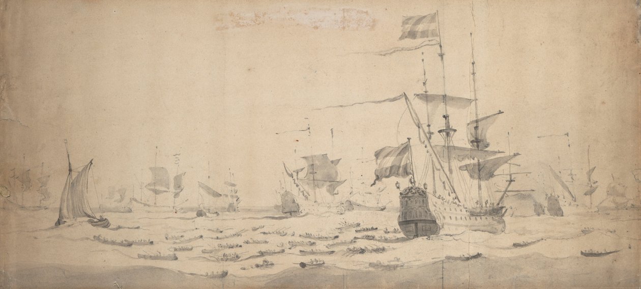 Hollannin laivasto makaamassa tuulessa: sotaneuvosto, n.1665 (grafiitti, harmaa pesu). tekijältä Willem van de the Elder Velde