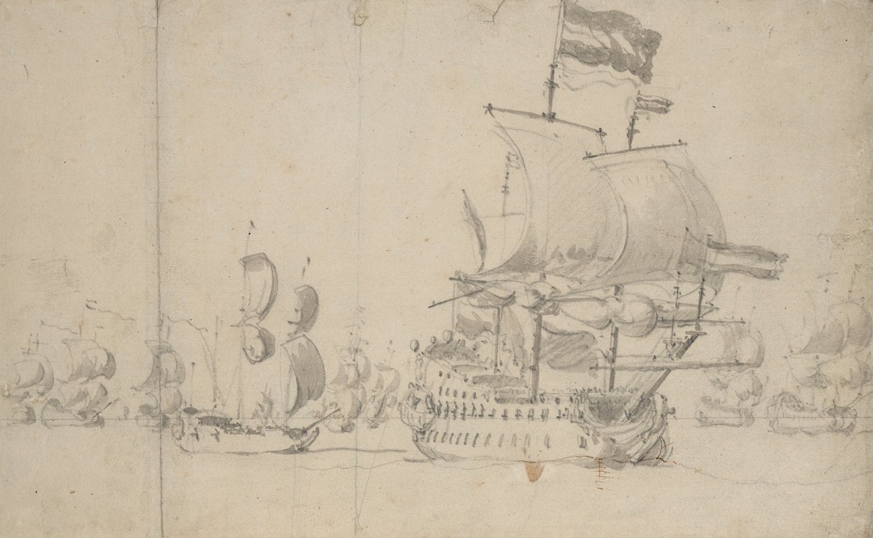 Hollannin lippulaiva ja lähetysalus sen peräsimessä, toukokuu 1672, noin 1672 (lyijykynä, pesu). tekijältä Willem van de the Elder Velde