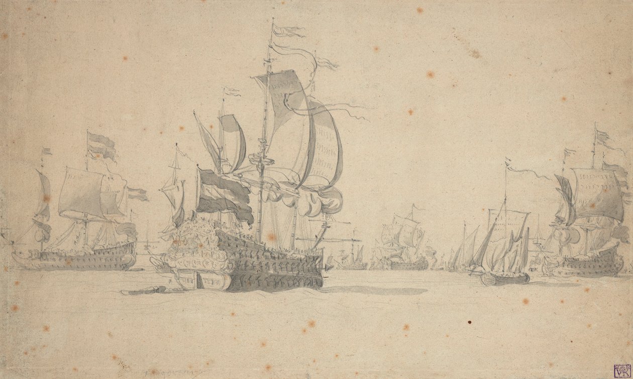 Hollantilainen laivue muodostamassa taistelulinjaa, toukokuu 1672, noin 1672 (lyijykynä, pesu). tekijältä Willem van de the Elder Velde