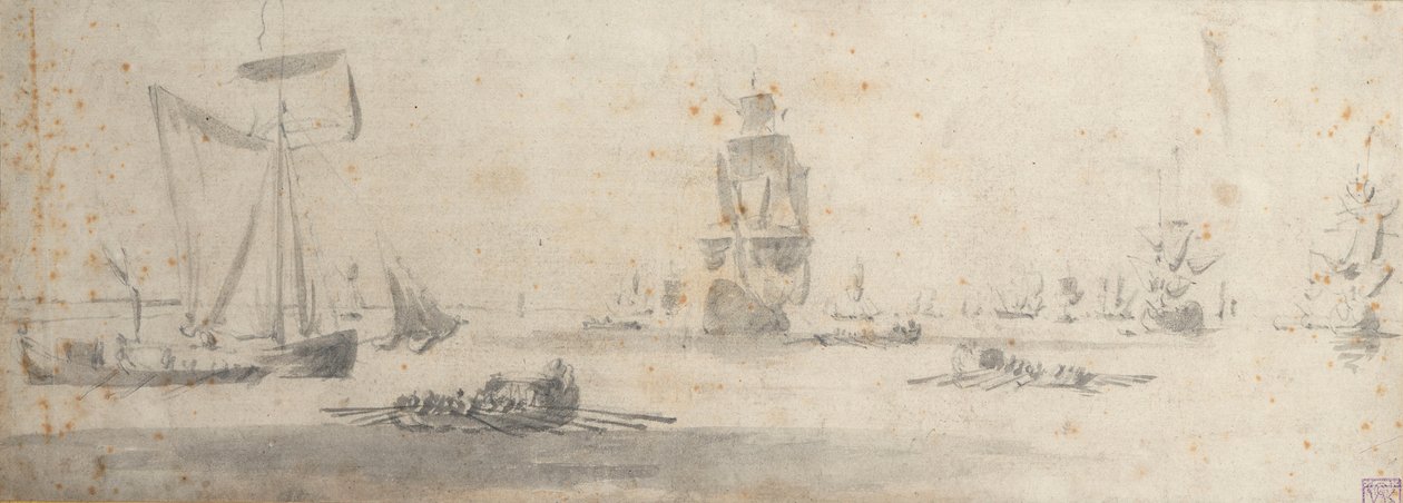 Galliot kevyessä ilmassa ja useita proomuja, noin 1681 (grafiitti, harmaa pesu). tekijältä Willem van de the Elder Velde