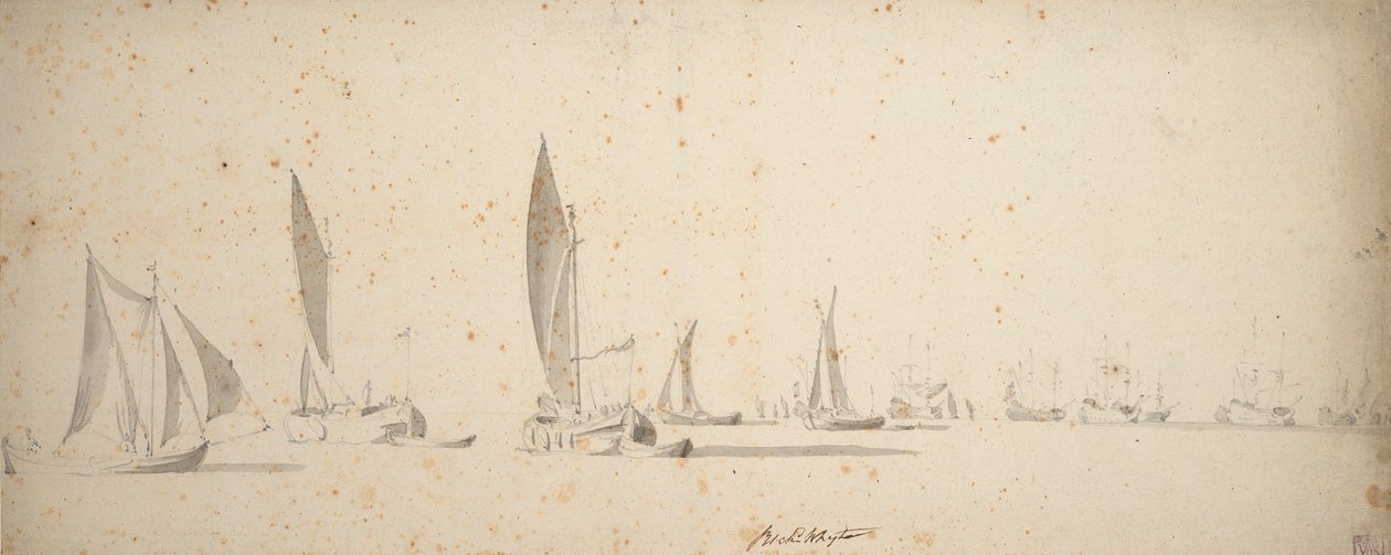 Vetovene, wijdschips ja waterschips kevyessä tuulessa, noin 1664 (grafiitti, harmaa pesu). tekijältä Willem van de the Elder Velde