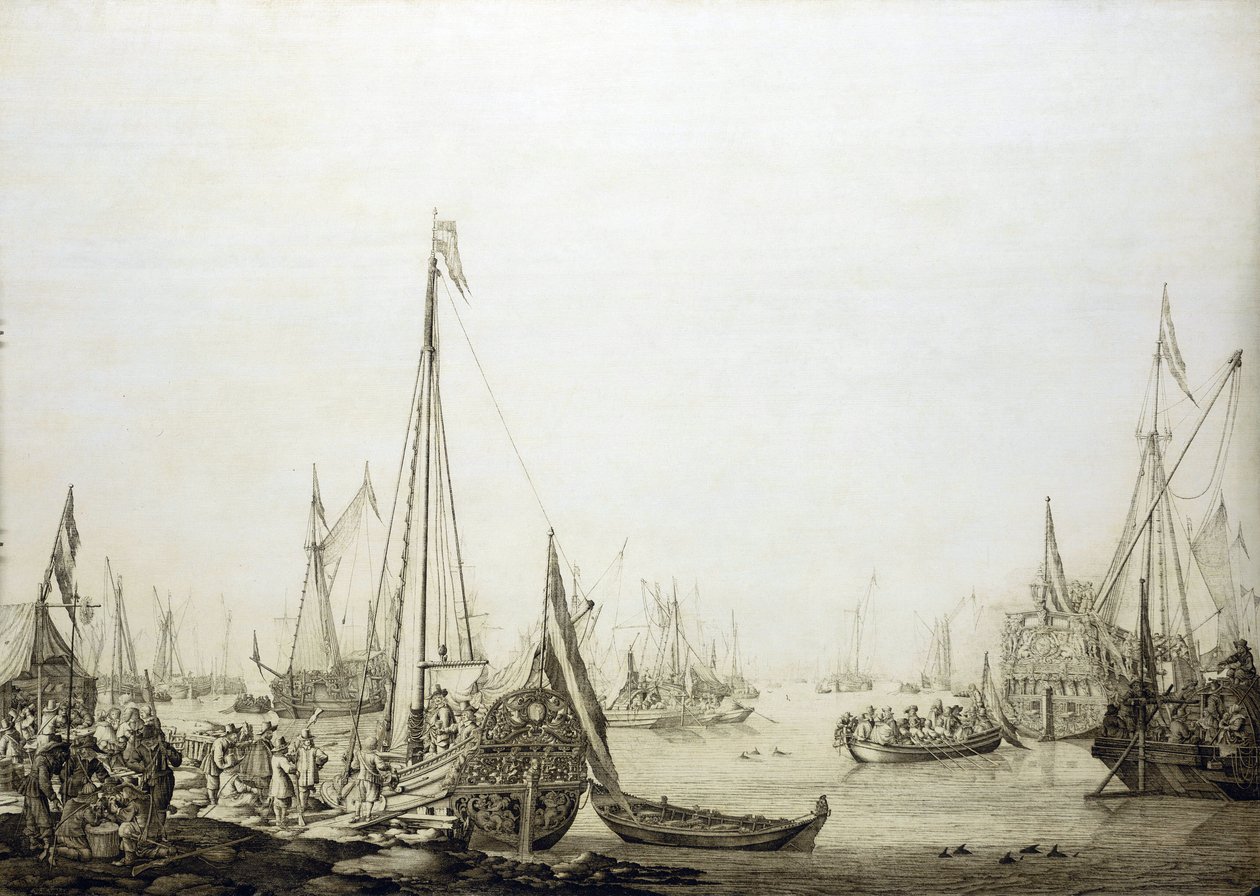 Erilaisia aluksia täpötäydessä satamassa, tämä maalaus liittyy historiallisesti Englannin Kaarle II:n (1630-1685) matkaan Haagiin (Hollantiin) vuonna 1660, jolloin hän palautti vallan Englannin valtaistuimelle. tekijältä Willem van de the Elder Velde