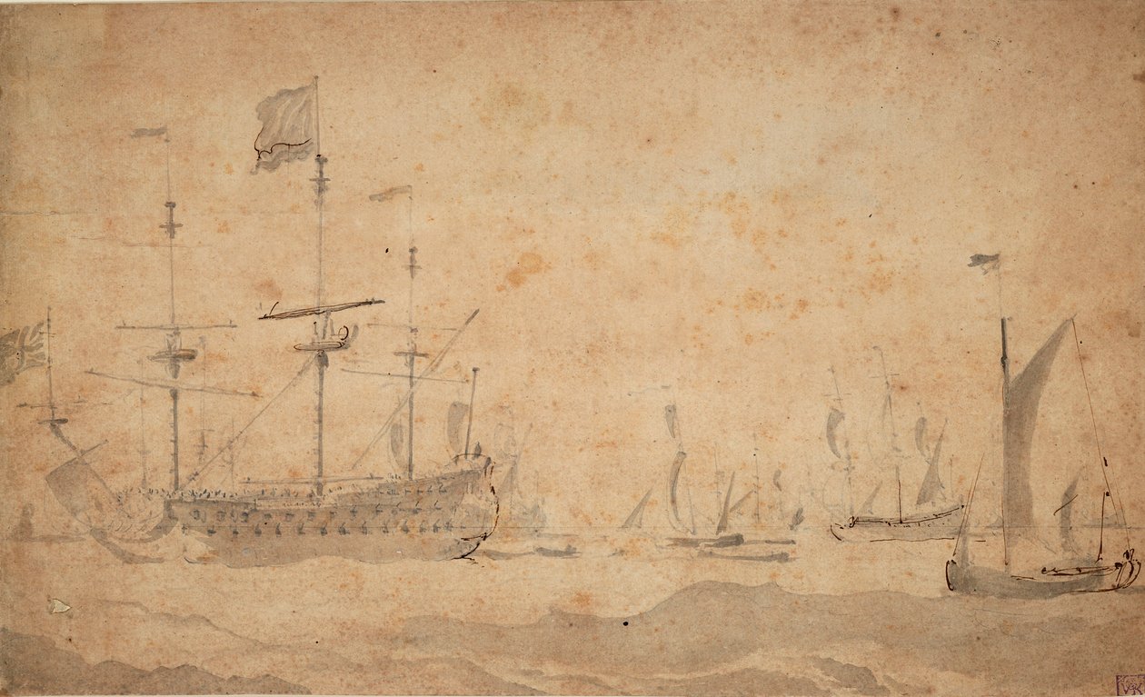Englannin lippulaiva ankkurissa, mahdollisesti kesäkuussa 1673, noin 1673 (harmaa pesu). tekijältä Willem van de the Elder Velde