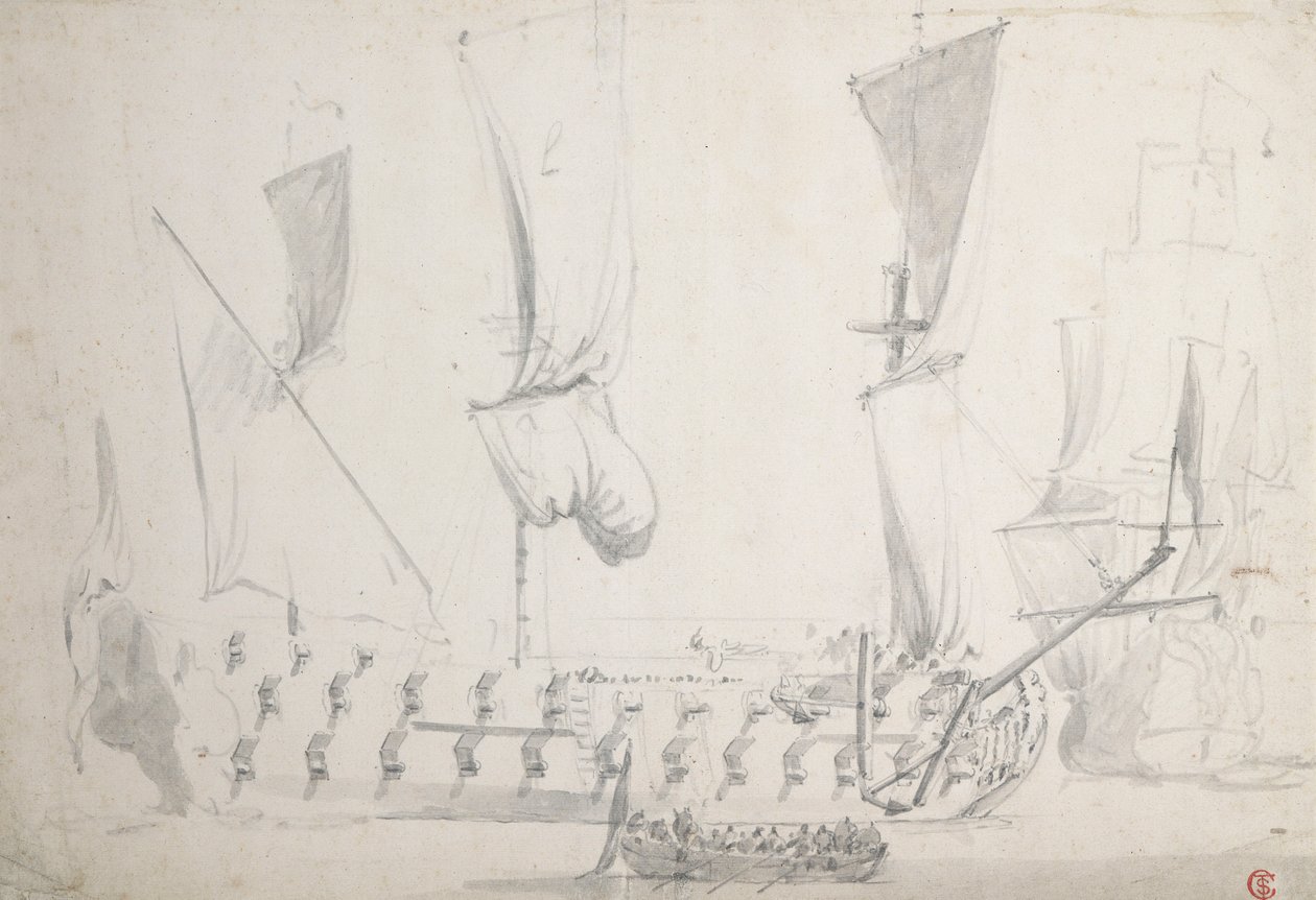 Englantilainen nelosluokka kevyessä ilmassa, noin 1681 (grafiitti, harmaa tussi) tekijältä Willem van de the Elder Velde