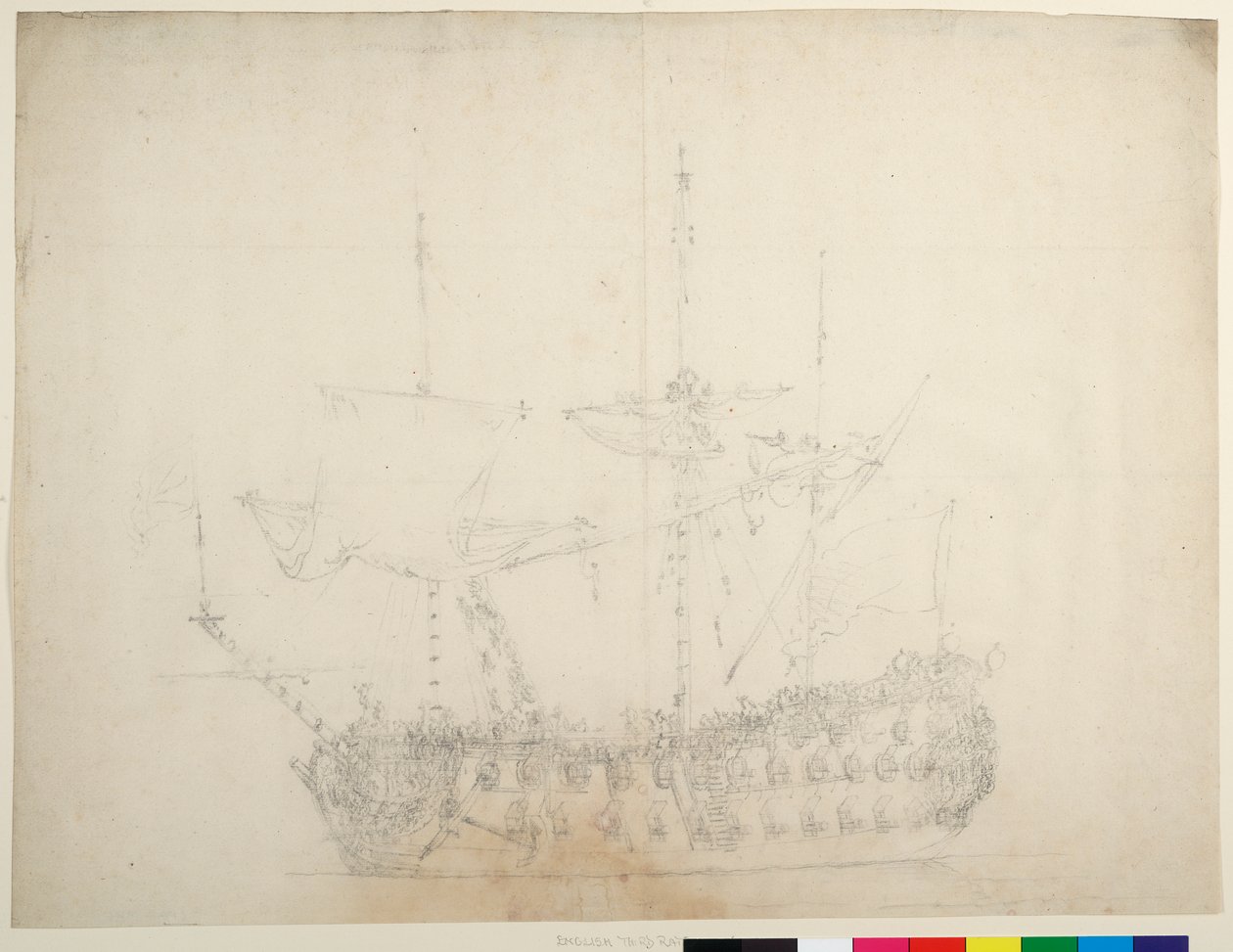 Englantilainen kolmannen luokan 60-tykkinen laiva paapuurin keulasta katsottuna, noin 1673 (offset). tekijältä Willem van de the Elder Velde