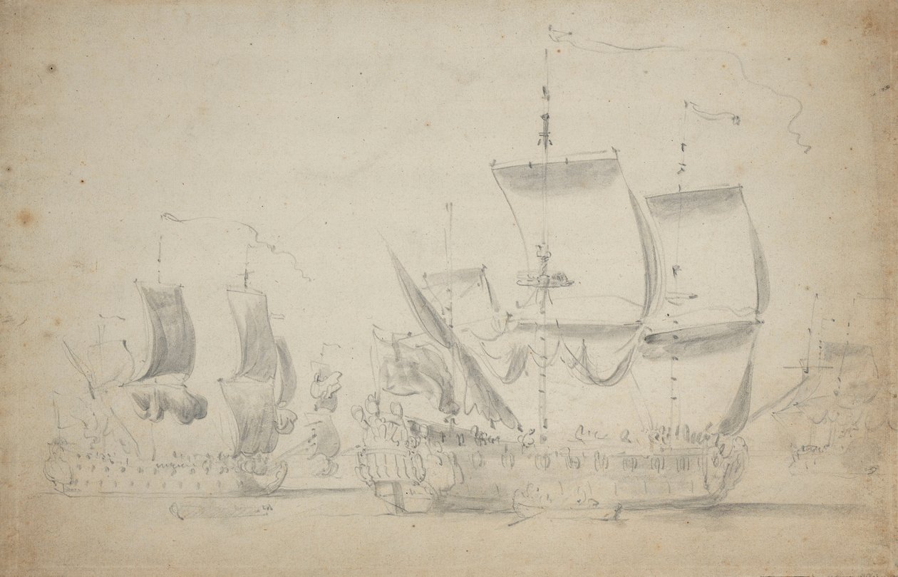 Englantilainen kaksikerroksinen alus kevyessä purjehduksessa, noin 1675 (lyijykynä, pesu). tekijältä Willem van de the Elder Velde