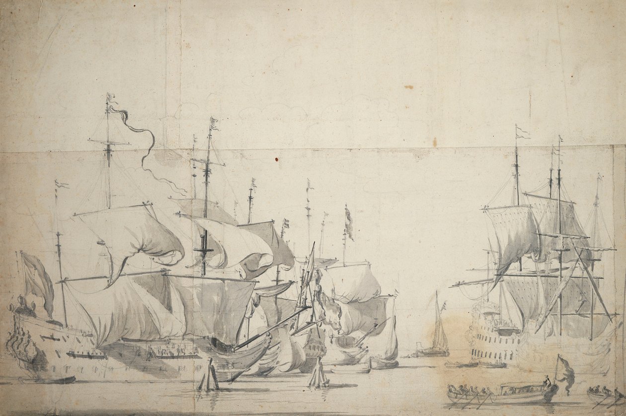 Hollantilaiset taistelualukset kuivaamassa purjeita, noin 1658 (grafiitti, harmaa pesu). tekijältä Willem van de the Elder Velde