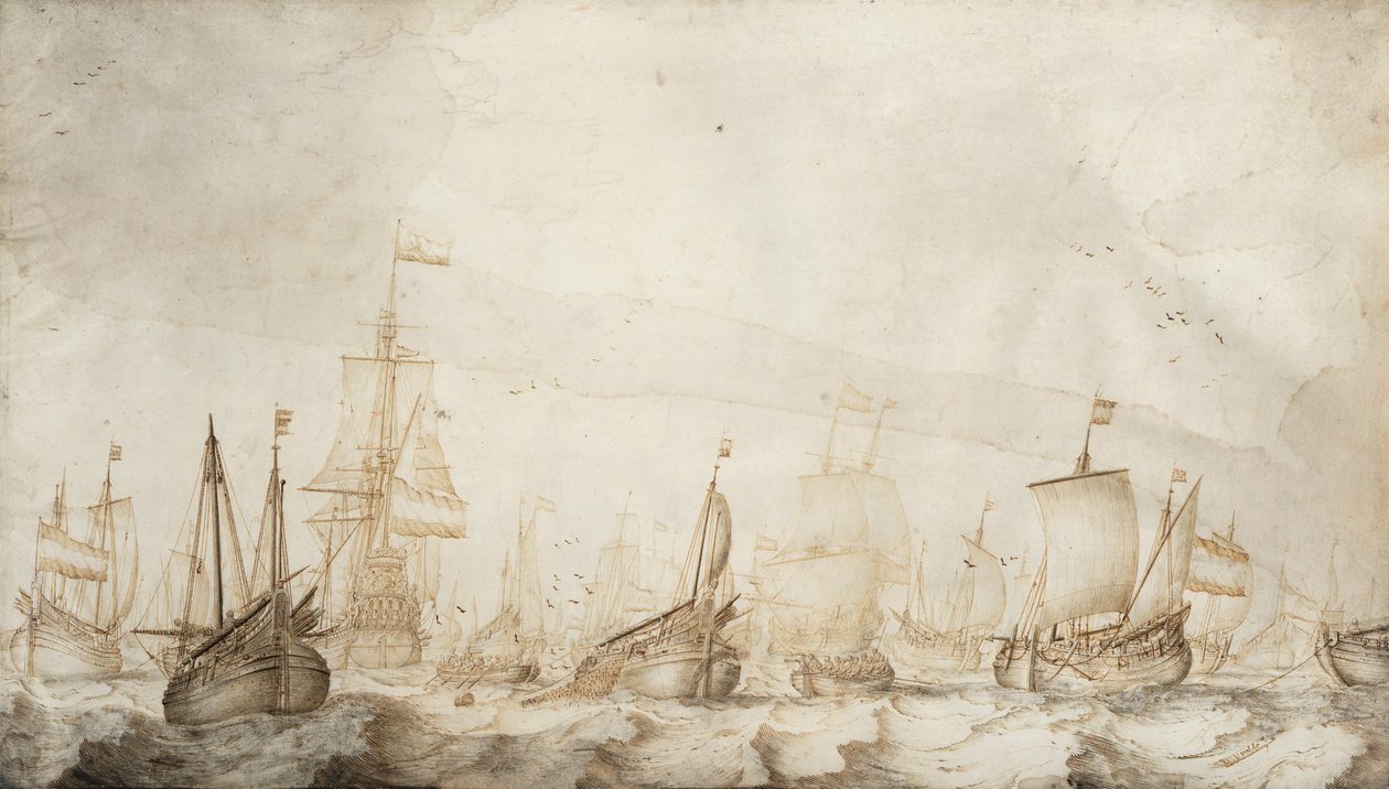 Hollantilaiset silakan kalastusalukset Pohjanmerellä. William van de Velde vanhemman (n. 1611-1693) tussi- ja pesupiirros (27,4x47,6 cm), noin 1650. tekijältä Willem van de the Elder Velde