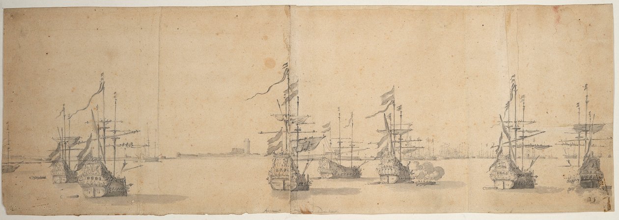 Hollantilaisia laivoja ankkurissa matalan rannan edustalla, n.1658 (grafiitti, harmaa pesu). tekijältä Willem van de the Elder Velde