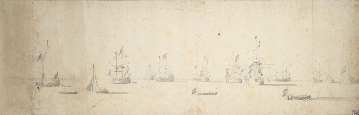 Hollantilaisia laivoja ankkurissa rannikon edustalla, n.1664 (grafiitti, harmaa pesu). tekijältä Willem van de the Elder Velde