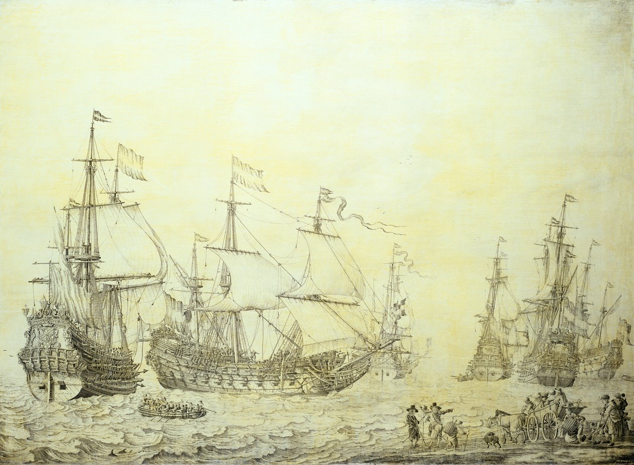 Hollantilaiset alukset ankkuroituvat lähelle rantaa. tekijältä Willem van de the Elder Velde