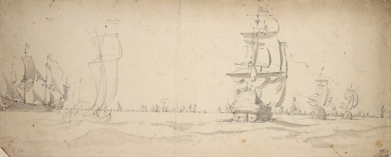 Hollantilaisia aluksia juoksemassa kohti päälaivastoa, May 1672, noin 1672 (grafiitti, harmaa pesu). tekijältä Willem van de the Elder Velde
