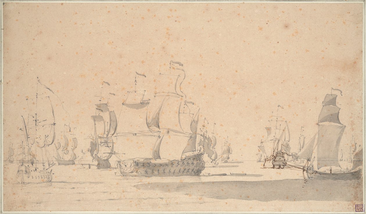 Englantilaisia laivoja, ketssi ja galliot kevyessä tuulessa, kesäkuu 1673, noin 1673 (lyijykynä, pesu, tussi, ruskea muste). tekijältä Willem van de the Elder Velde