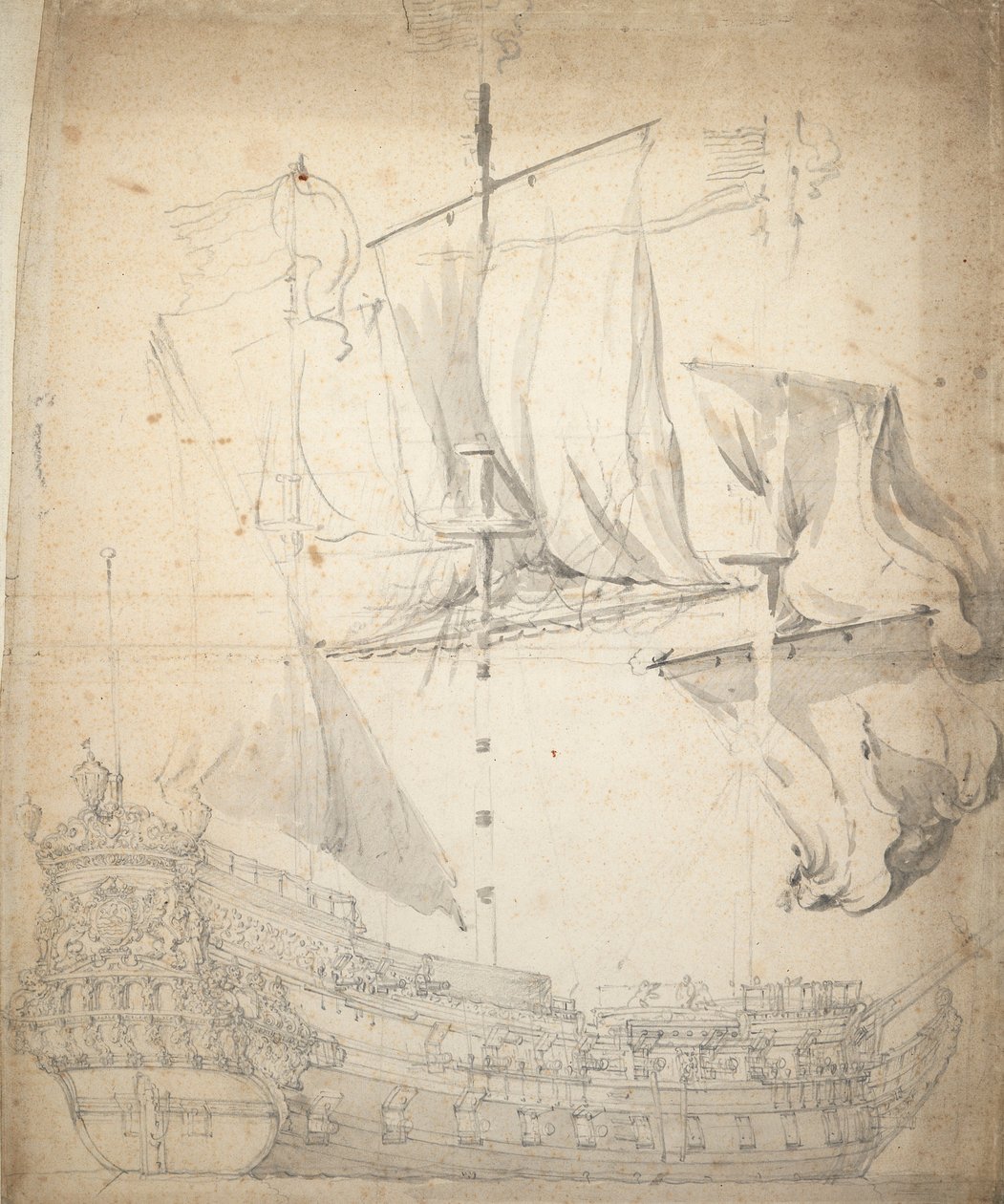 Kampveeren () muotokuva, noin 1664 (offset, grafiitti, harmaa pesu). tekijältä Willem van de the Elder Velde