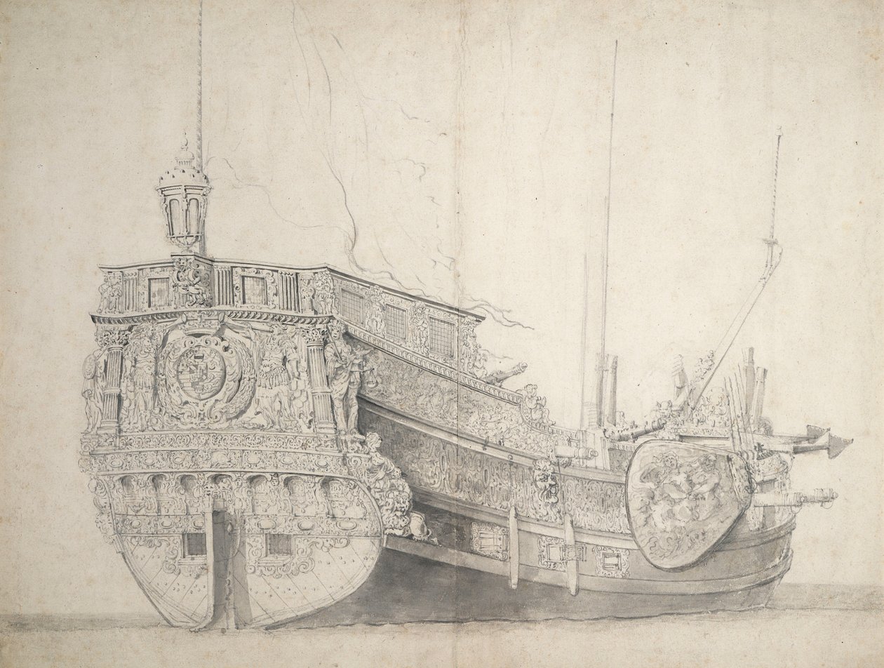 Muotokuva hollantilaisen prinssin jahdista, n.1660 (grafiitti, harmaa tussi) tekijältä Willem van de the Elder Velde