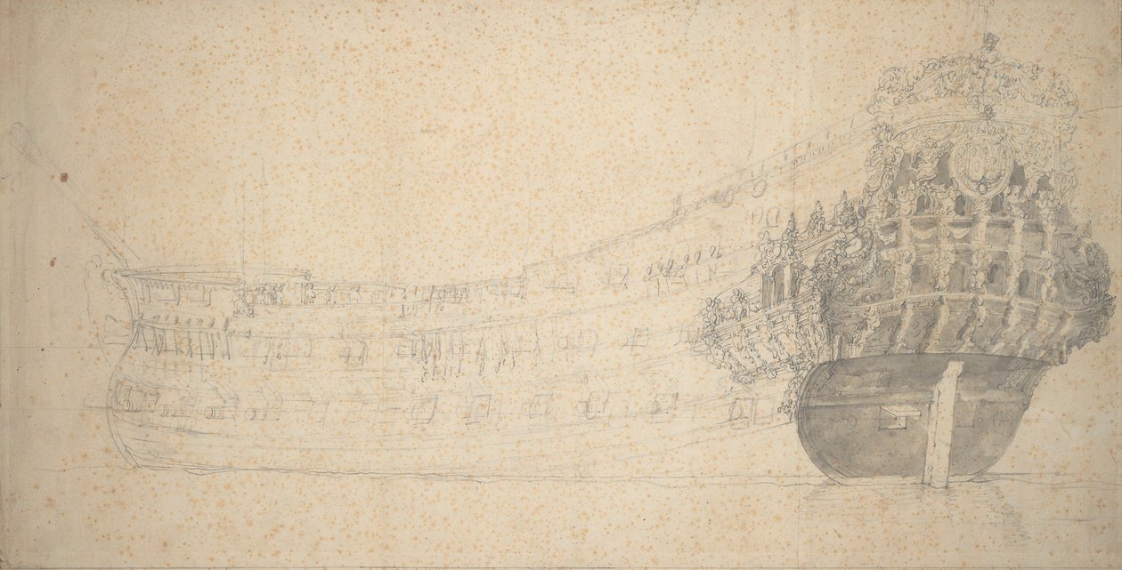 Ranskalaisen kaksikerroksisen aluksen muotokuva. Rakennettu Hollannissa 1666-67, noin 1667 (grafiitti). tekijältä Willem van de the Elder Velde