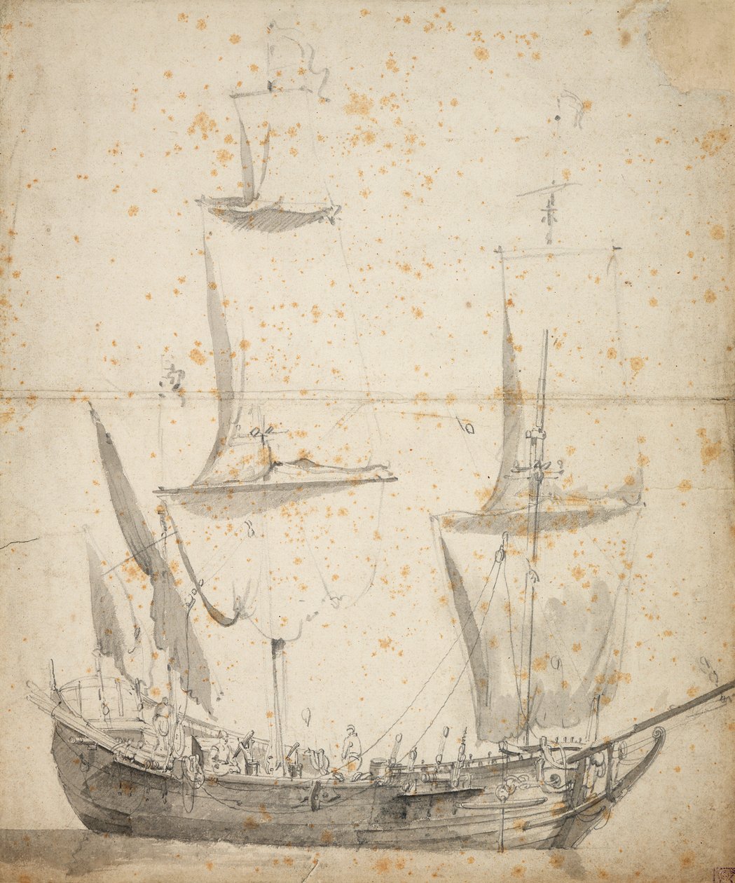 Muotokuva pienestä hollantilaisesta kauppalaivasta, n.1665 (grafiitti, harmaa tussi) tekijältä Willem van de the Elder Velde