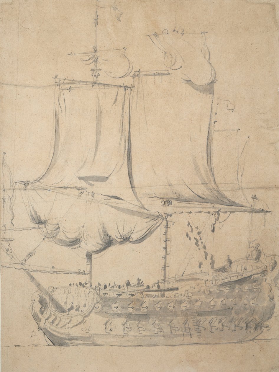 Muotokuva englantilaisesta kolmannen luokan miehestä, noin 1685 (grafiitti, harmaa tussi) tekijältä Willem van de the Elder Velde