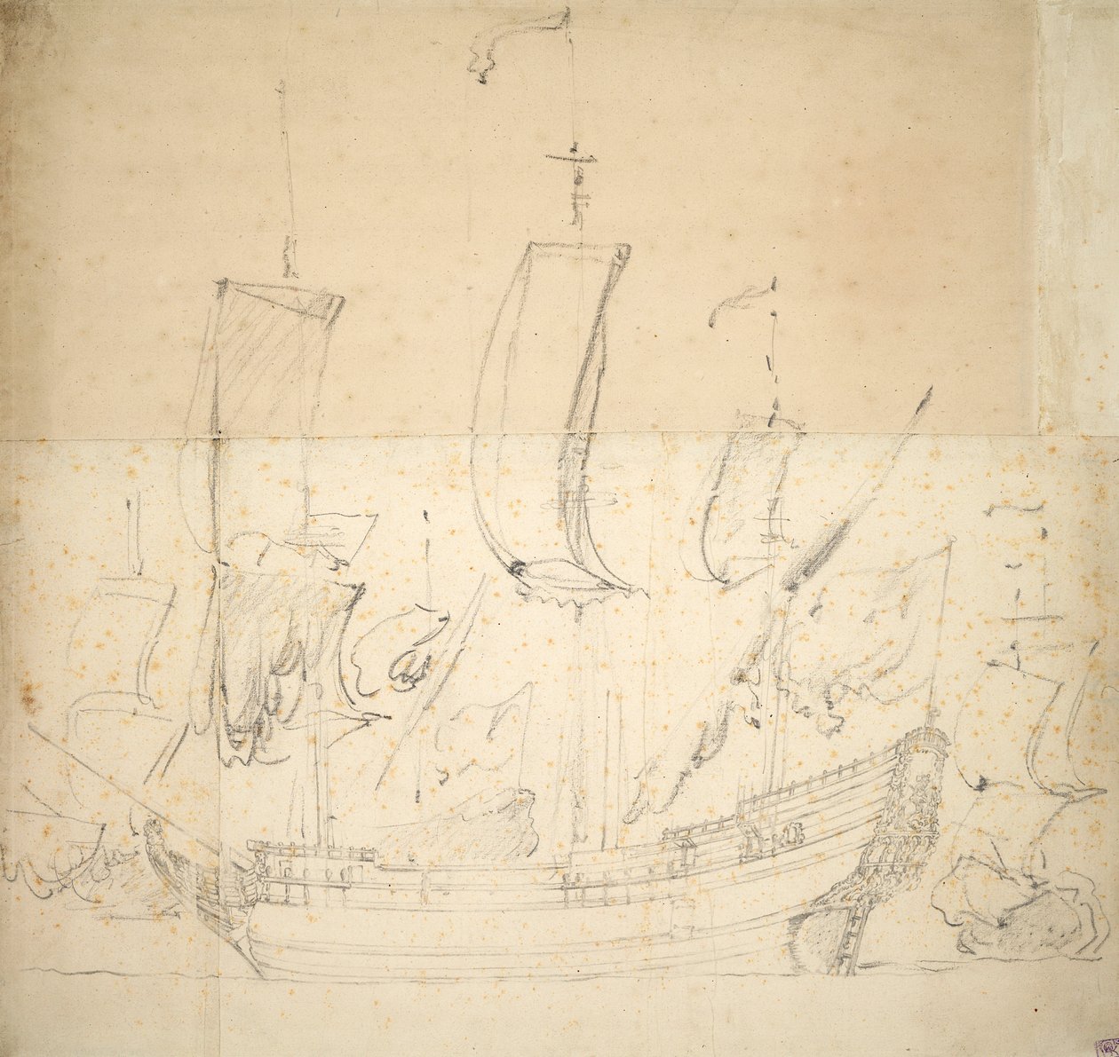 Yrjön muotokuva Palolaiva, ostettu 1672, 6 tykkiä, upotettu perustamista varten 1674, noin 1673 (offset, musta liitu). tekijältä Willem van de the Elder Velde