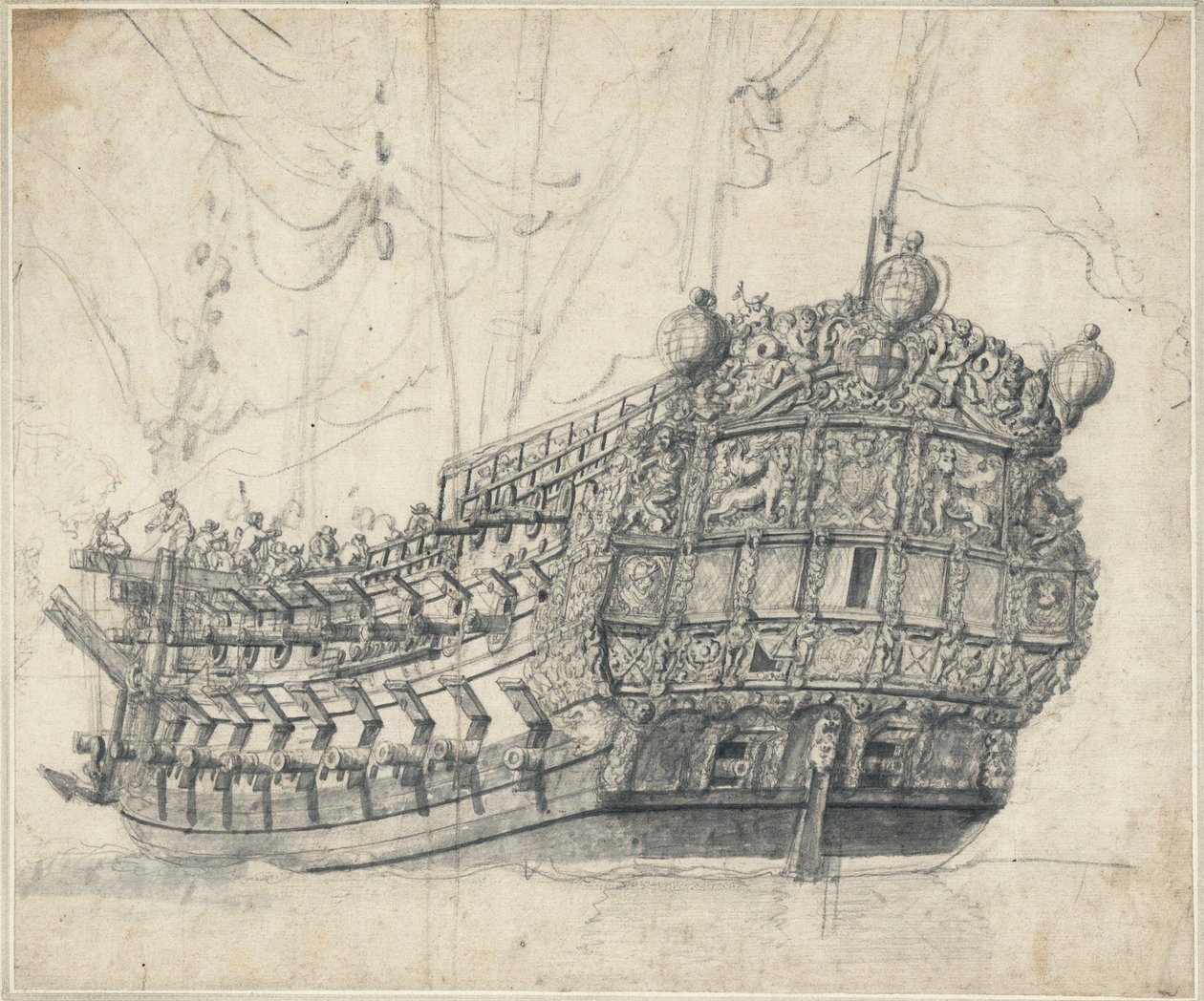 Tiikerin muotokuva (1678), noin 1681 (grafiitti, harmaa tussi). tekijältä Willem van de the Elder Velde