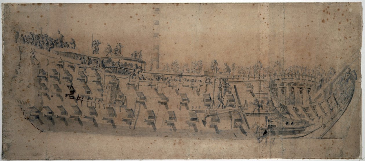 Muotokuva vuonna 1670 rakennetusta London-aluksesta, joka oli 96 tykillä varustettu ensimmäisen luokan alus. Piirustus ja karkaisu noin vuonna 1676, tekijä Willem van de Velde l